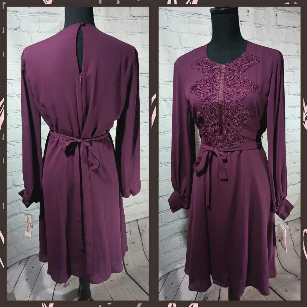 LS HighNeck LaceApplique Woven Chiffon Gypsy Rose Midi Shiftdress Mulberry